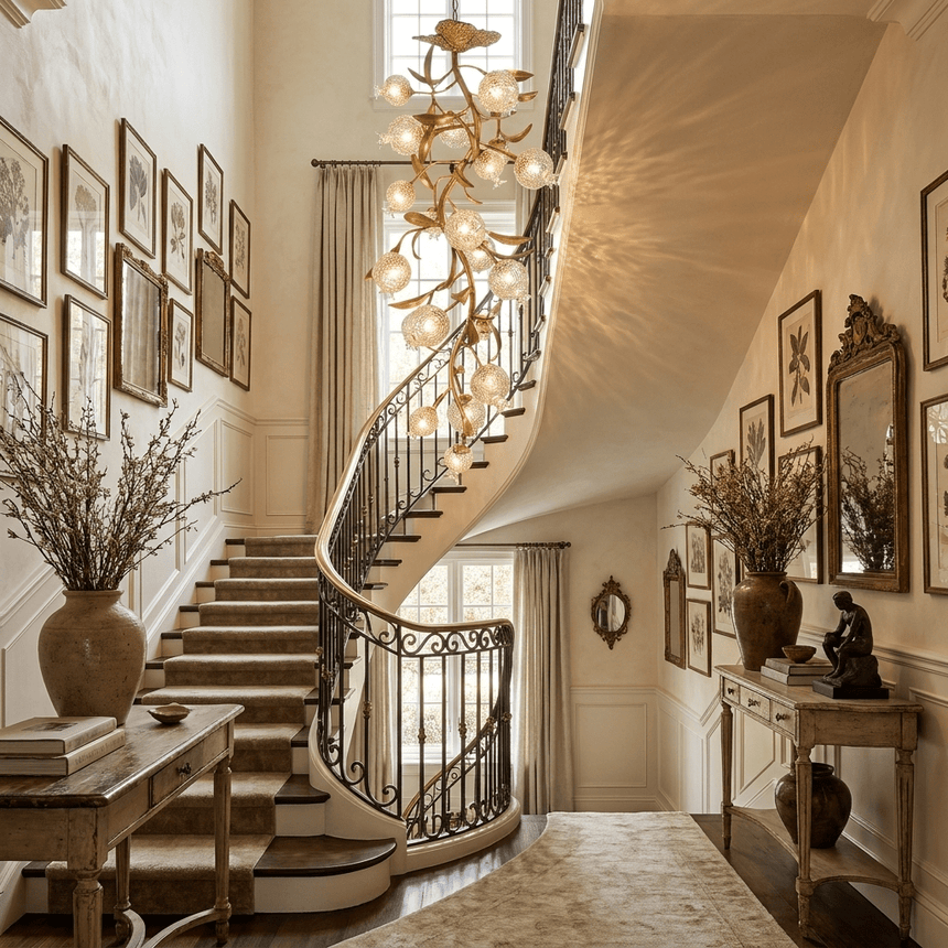 Brass branch chandelier in a curved stairwell with framed prints