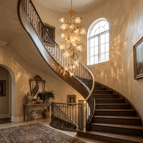 Brass branch chandelier beside a staircase under arched windows