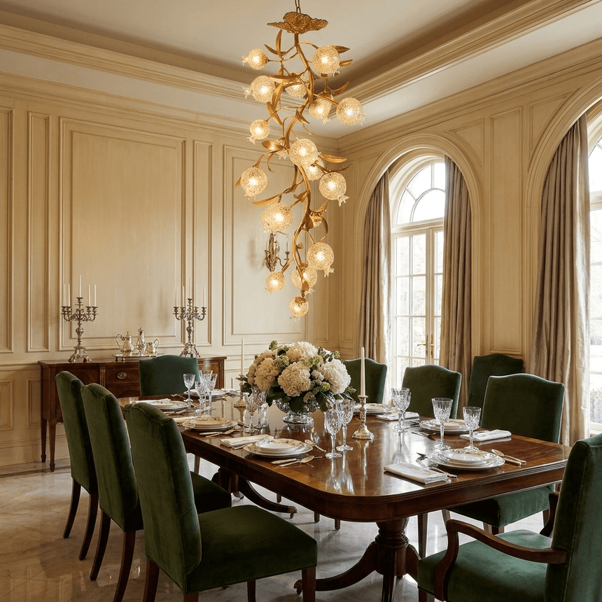 Brass branch chandelier above a dining table with green chairs