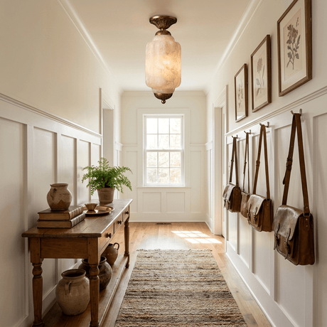Antique brass stone ceiling light in a hallway with a console and hanging bags