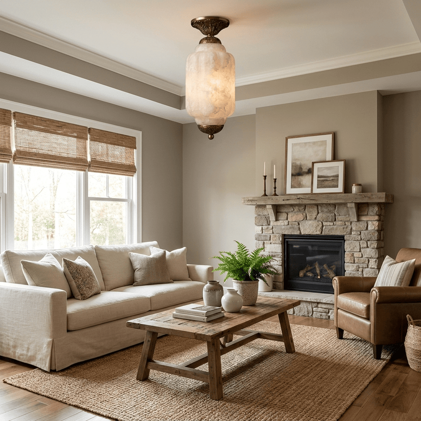 Antique brass stone ceiling light in a living room with a fireplace and a sofa