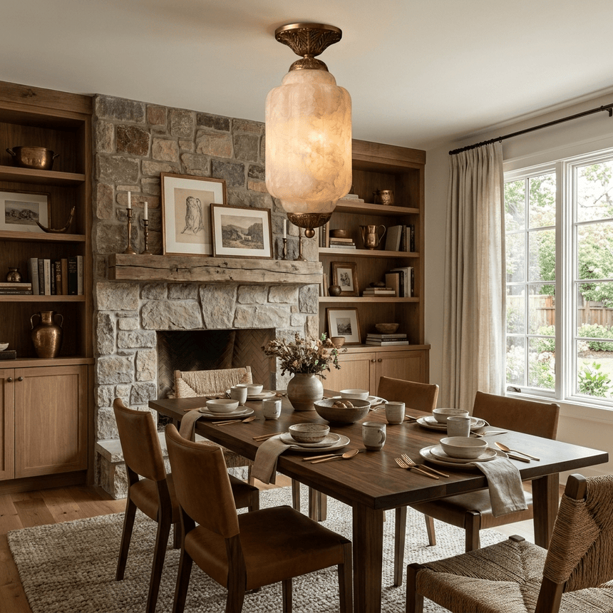 Antique brass stone ceiling light in a dining room with a stone fireplace and shelves