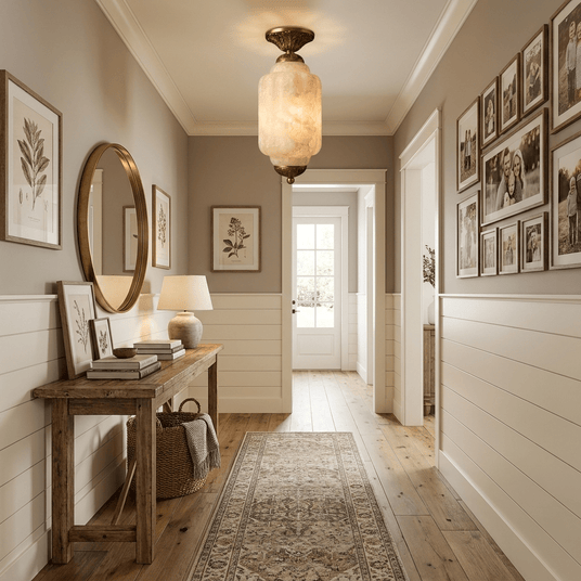 Antique brass stone ceiling light in a hallway with an oval mirror and framed prints