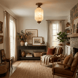 Antique brass stone ceiling light lit in a living room with a fireplace and armchairs