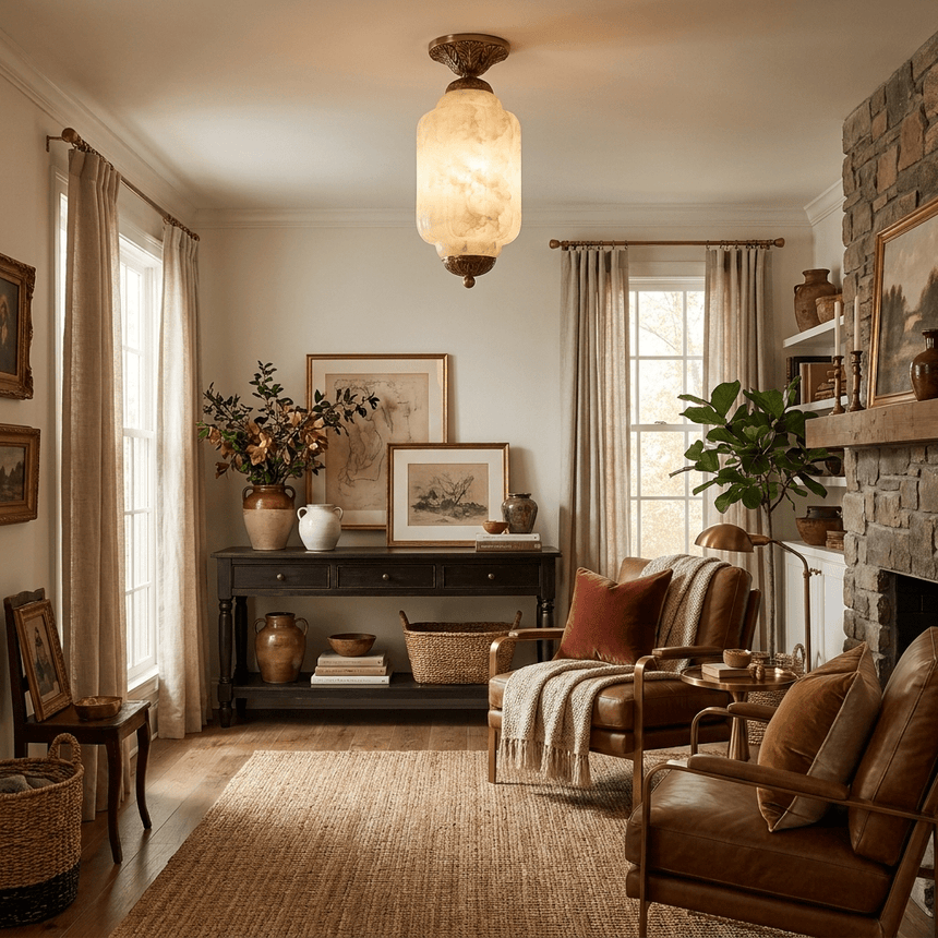 Antique brass stone ceiling light lit in a living room with a fireplace and armchairs
