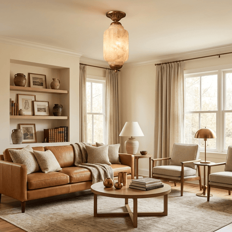 Antique brass stone ceiling light above a leather sofa in a room with two windows