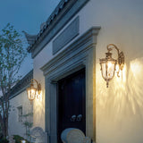The lantern lit on a facade with a tree branch crossing in front of it