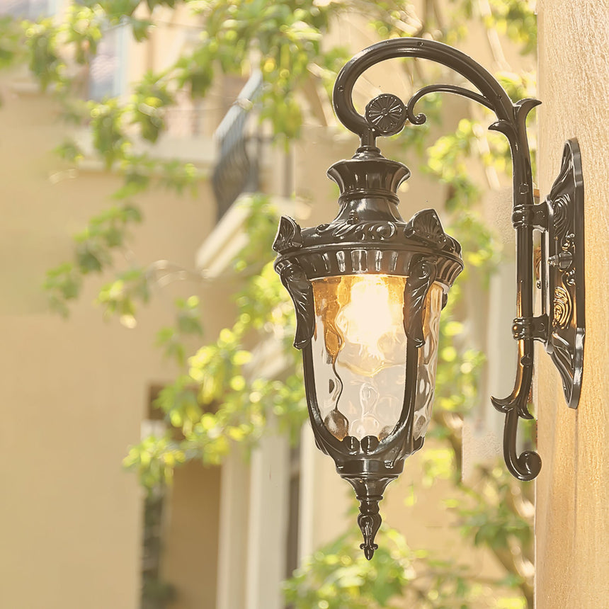 The black finish lit on a red brick wall with shrubs below the fixture