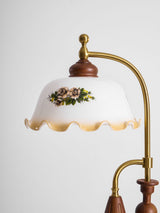 The painted glass bell shade lit close, the fluted edge in view