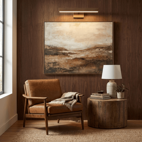 Brass bar lit above a framed landscape on a dark wood wall beside a leather chair