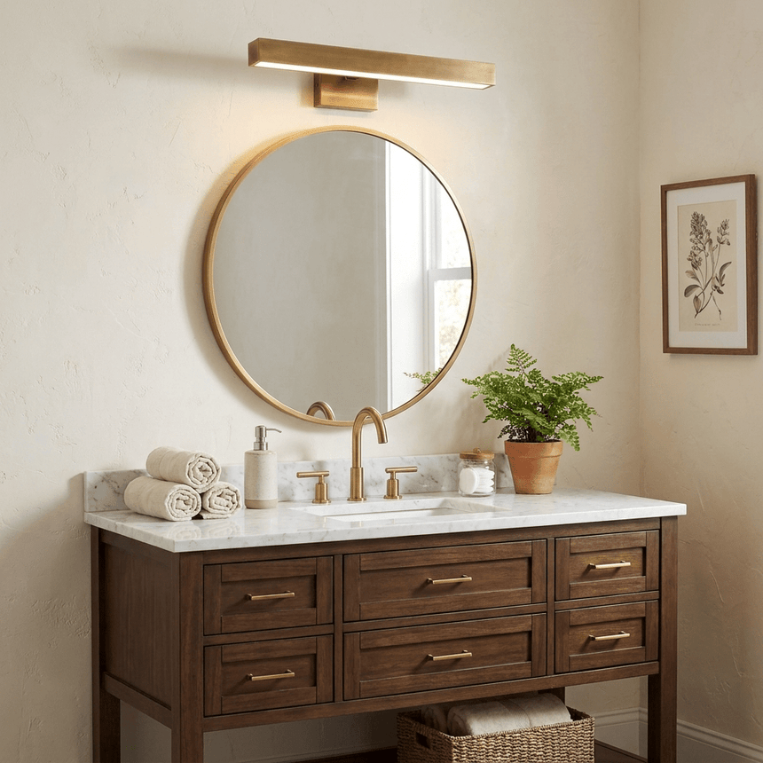 Brass bar lit above a round mirror over a walnut vanity with towels and a plant