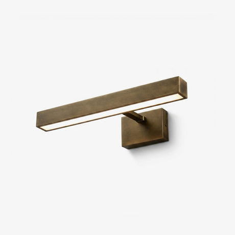 Antique brass vanity light, a slim angular bar on a square block bracket