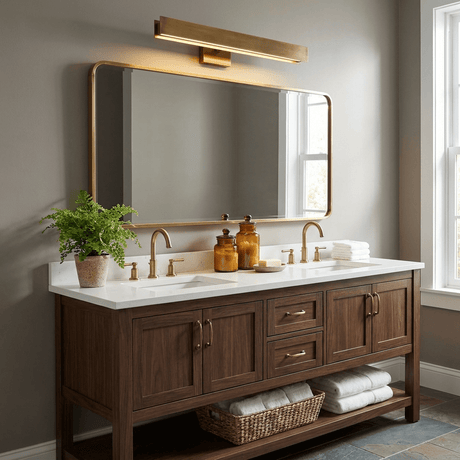 Brass bar lit above a framed mirror over a double basin walnut vanity with a fern