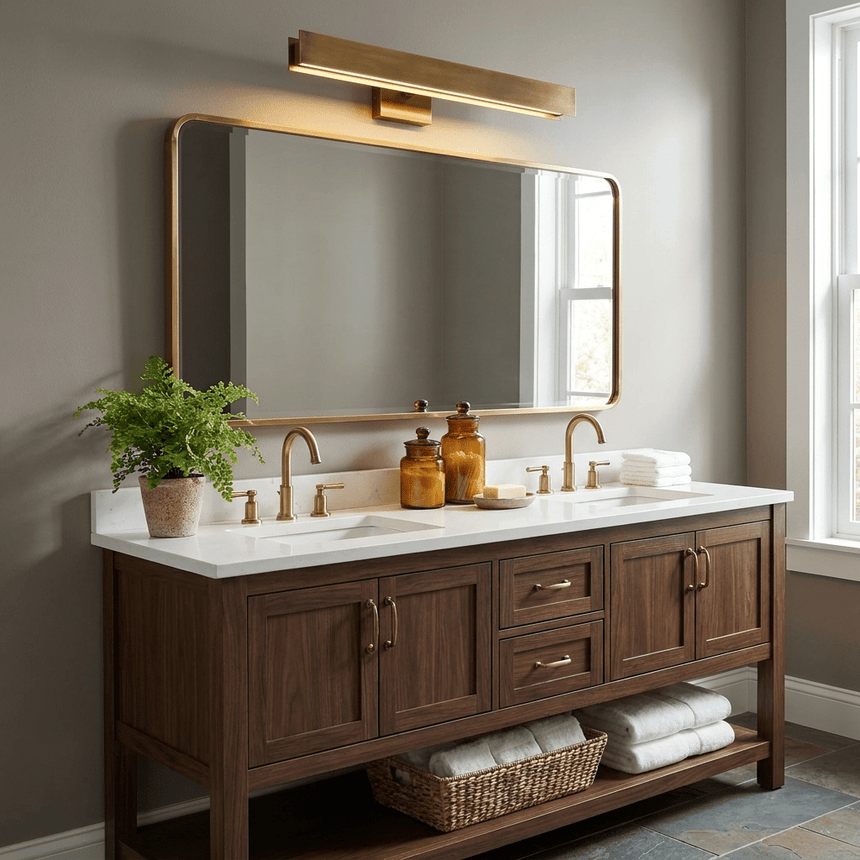 Brass bar lit above a framed mirror over a double basin walnut vanity with a fern