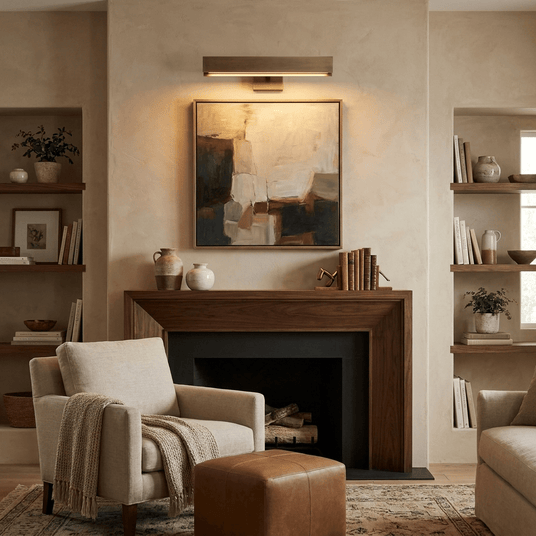 Brass bar lit above a canvas over a wood fireplace with an armchair and stool