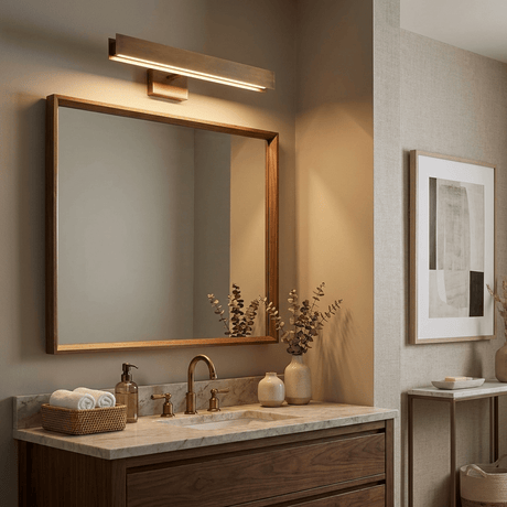 Brass bar lit above a framed mirror over a tiled vanity with towels and a plant