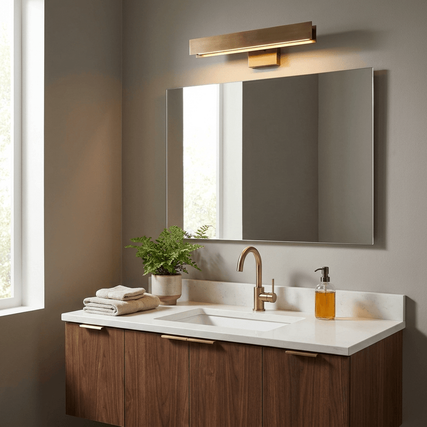 Brass bar lit above a rectangular mirror over a walnut vanity with a plant
