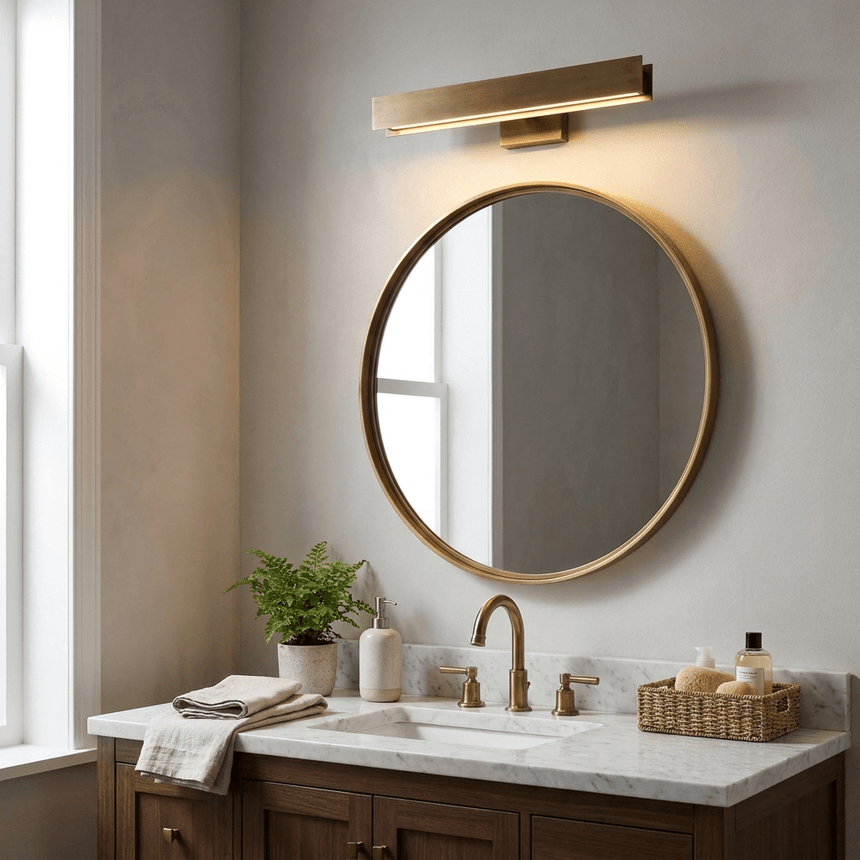 Brass bar lit above a round brass mirror over a basin beside a tall window