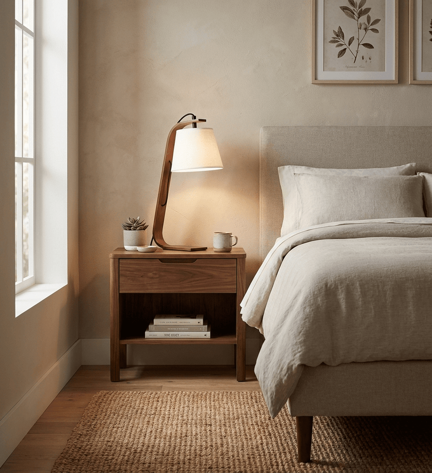 Arc lamp lit on a nightstand beside a bed with white bedding
