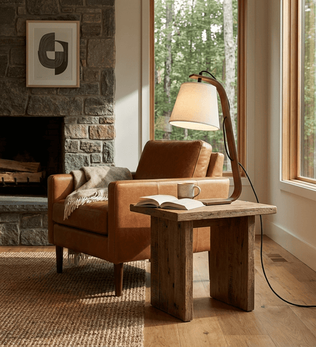 Arc lamp lit on a side table beside a leather armchair and a fireplace
