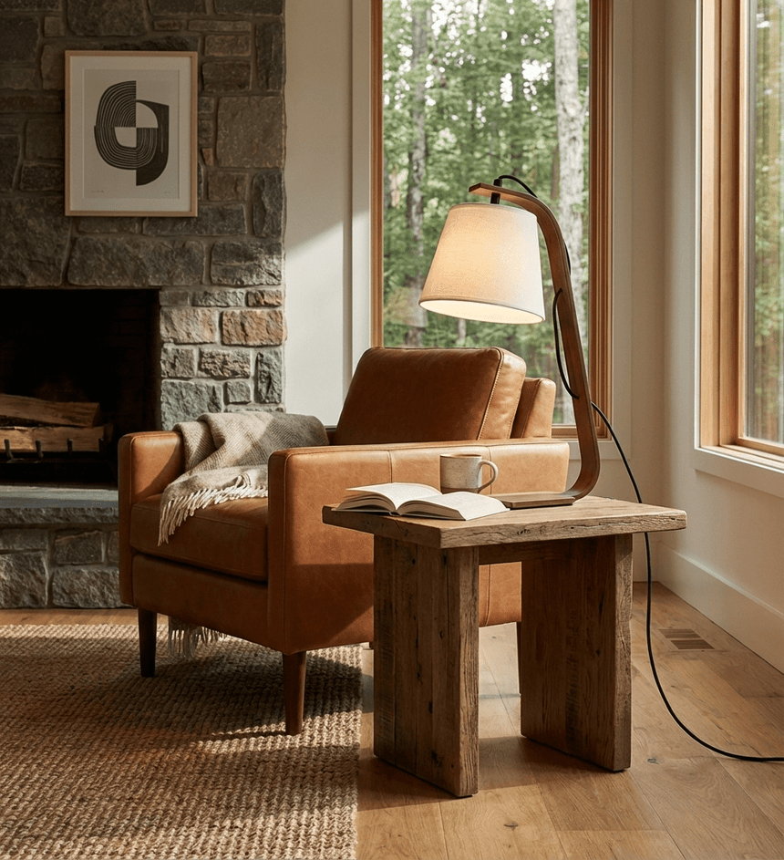 Arc lamp lit on a side table beside a leather armchair and a fireplace