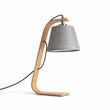 Bentwood arc lamp in light wood with a gray shade, plain ground
