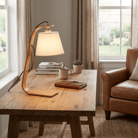 Arc lamp lit on a wood coffee table beside a mug and a book