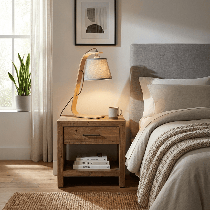 Arc lamp lit on a wood nightstand beside a bed and a plant