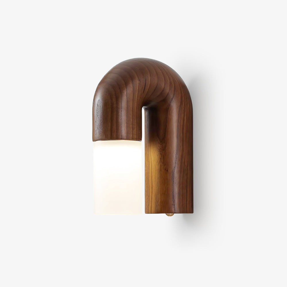 Arch wall sconce, a walnut arch holding a white cylinder diffuser