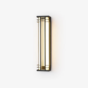 Tall wall lantern in black with barred detail above and below the diffuser