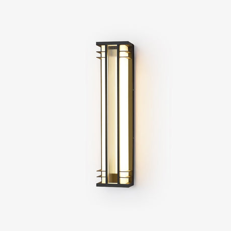 Tall wall lantern in black with barred detail above and below the diffuser