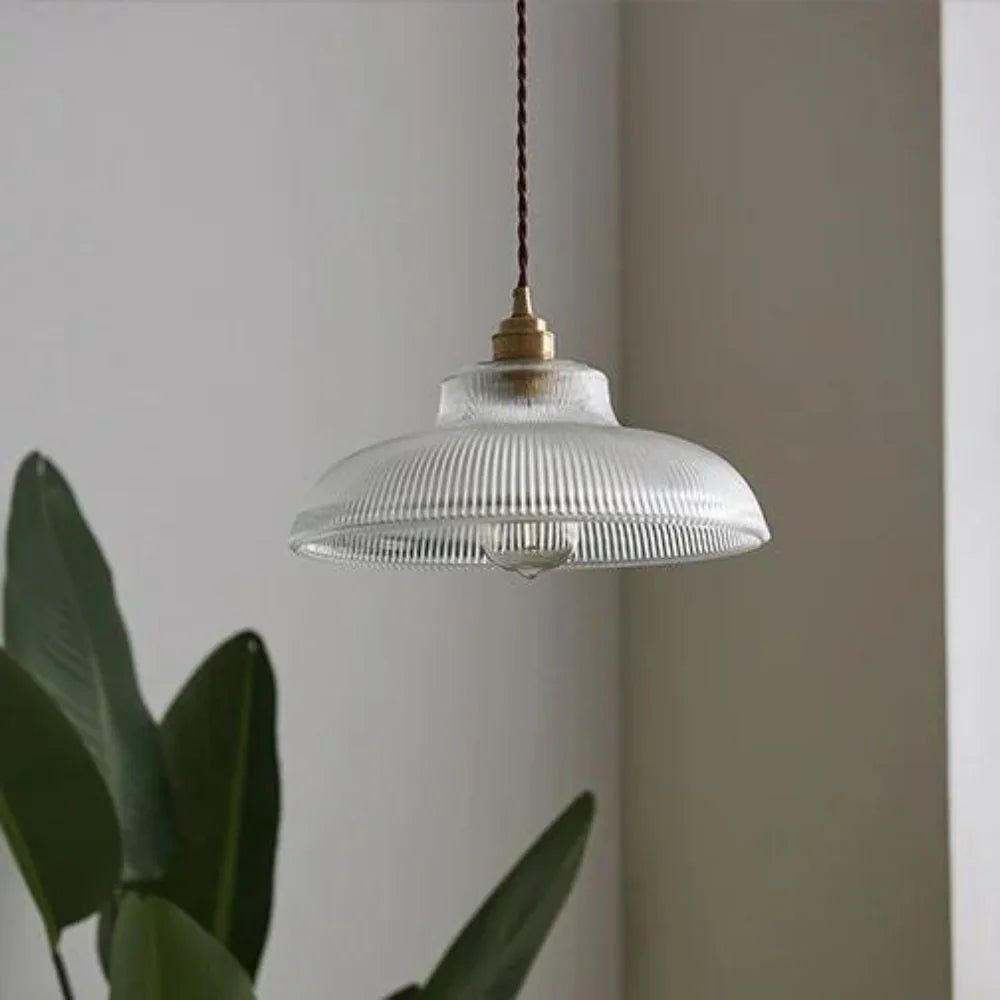 Clear prismatic glass pendant hanging beside a tall green plant on a pale wall