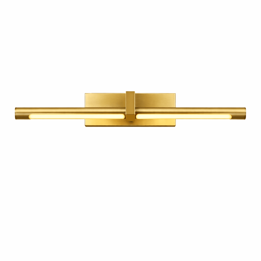 The twin bar in gold seen at an angle, the lit strip between the tubes