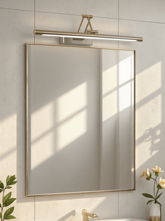 Mounted above a tall bathroom mirror, morning light crossing the tiled wall