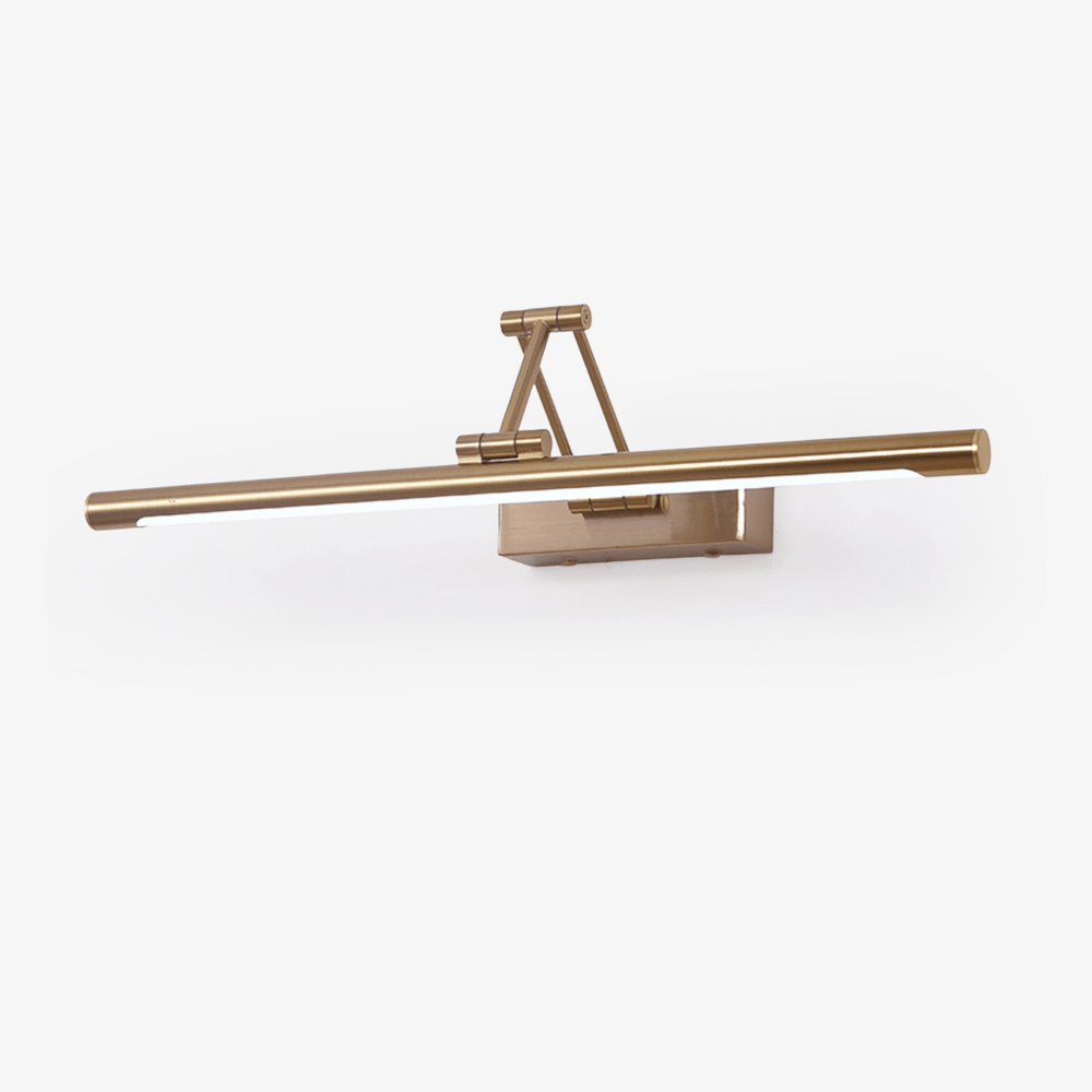 A slim gold tube held off the wall on a triangular frame arm, switched off