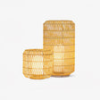 Two woven rattan lanterns in natural color with black bases and lids