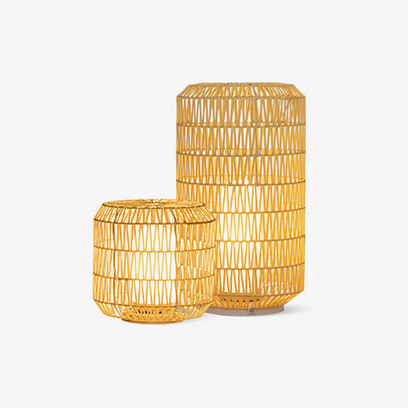 Two woven rattan lanterns in natural color with black bases and lids