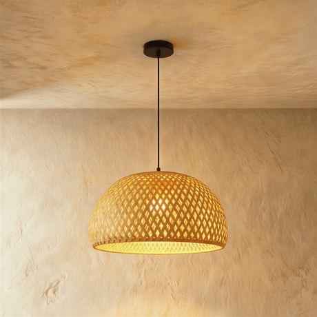 A deep bamboo dome woven in an open diamond pattern