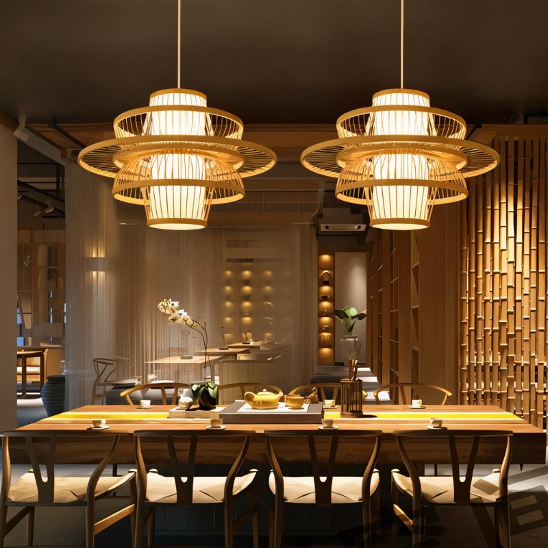 A row of tiered bamboo shades lit above wood dining tables and cane chairs