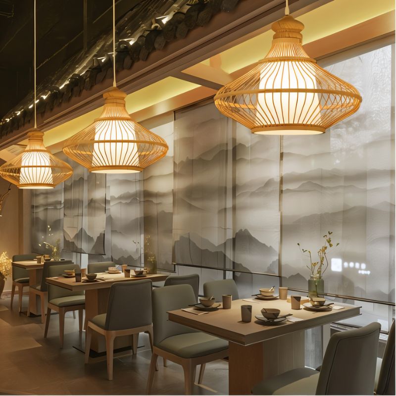 Three tiered bamboo shades lit in a row over a long table with chairs