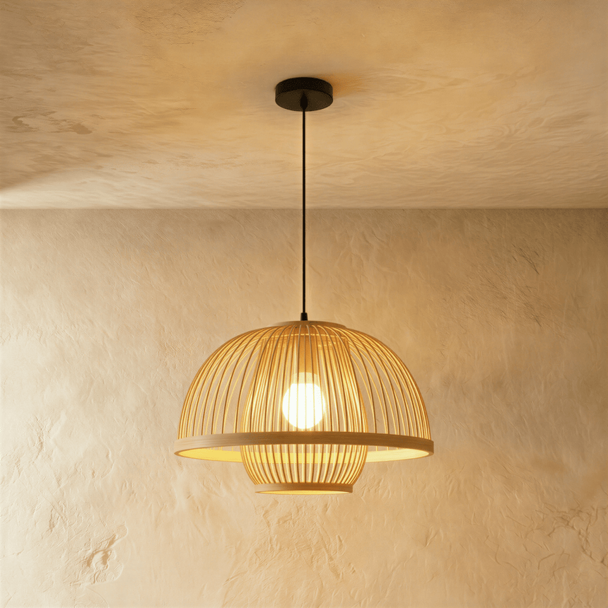 A bamboo dome shade woven in fine vertical ribs, lit from inside