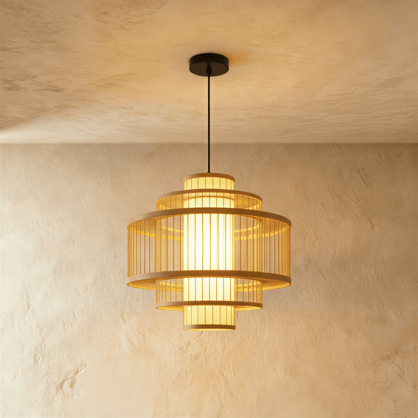 A three tier bamboo drum, each ring wider than the one above it