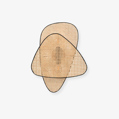 Wall sconce of overlapping bamboo cane screens with black edges, a rounded triangle shape