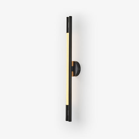Slim black bar wall sconce with a lit strip running down its length