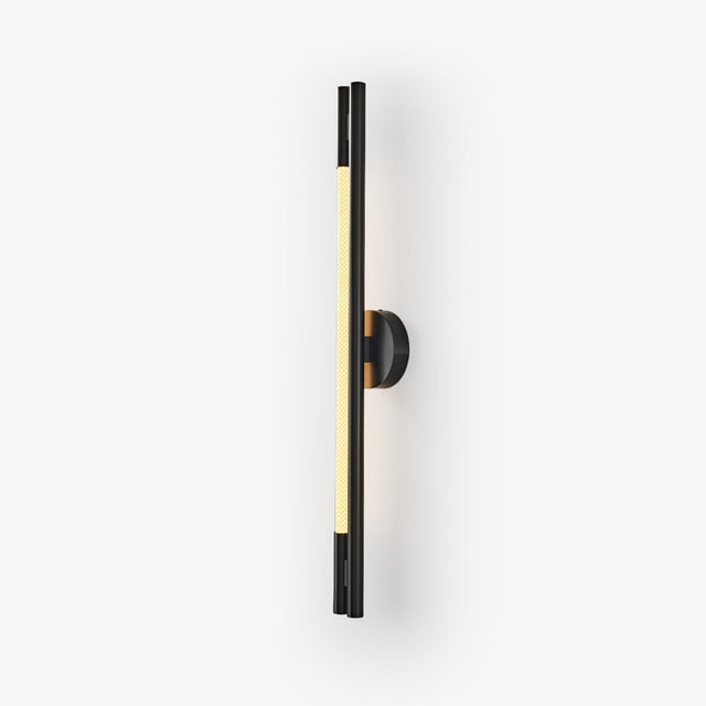 Slim black bar wall sconce with a lit strip running down its length