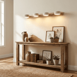 Travertine bar lit on the wall above a long wood console table