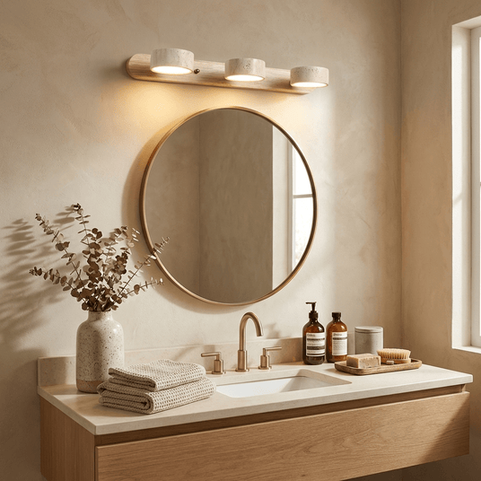 Travertine bar lit above a round mirror over a stone bathroom vanity