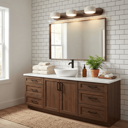 Dark bar lit above a rectangular mirror in a white tiled bathroom