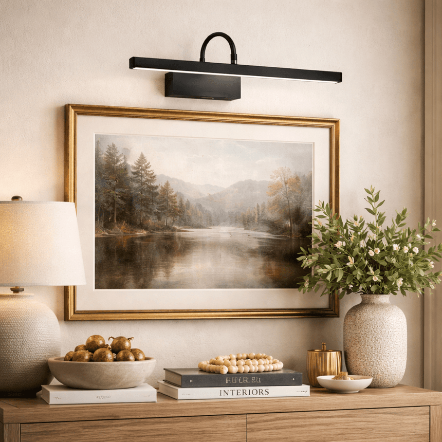 Black bar lit above a gilt framed landscape over a console with a lamp