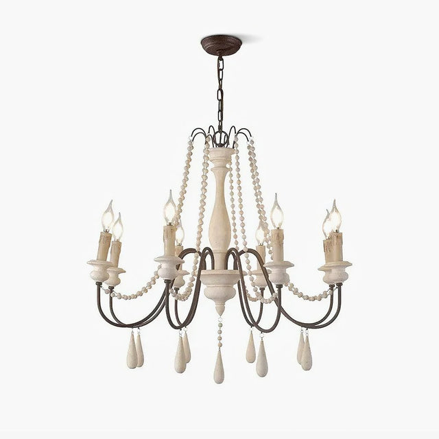 Wooden bead strands swagged across scrolling iron arms with candle lamps above